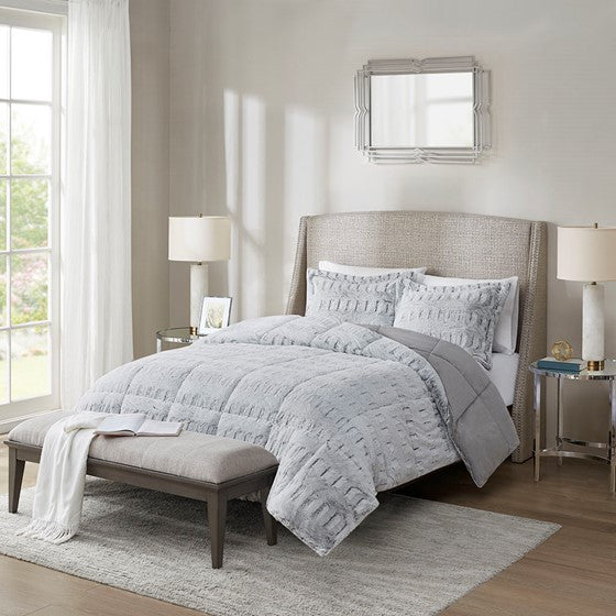Olliix.com Comforters & Blankets - Back Print Long Fur Comforter Mini Set Grey Full/Queen