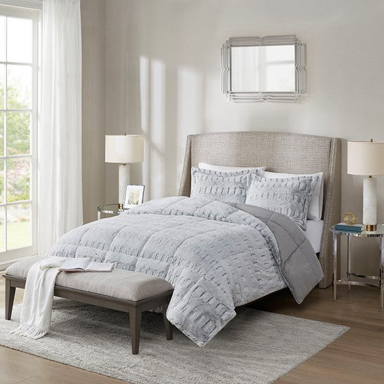 Olliix.com Comforters & Blankets - Back Print Long Fur Comforter Mini Set Grey Twin XL