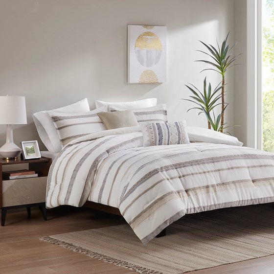 Olliix.com Comforters & Blankets - 5 Piece Clipped Jacquard Comforter Set Neutral Cal King