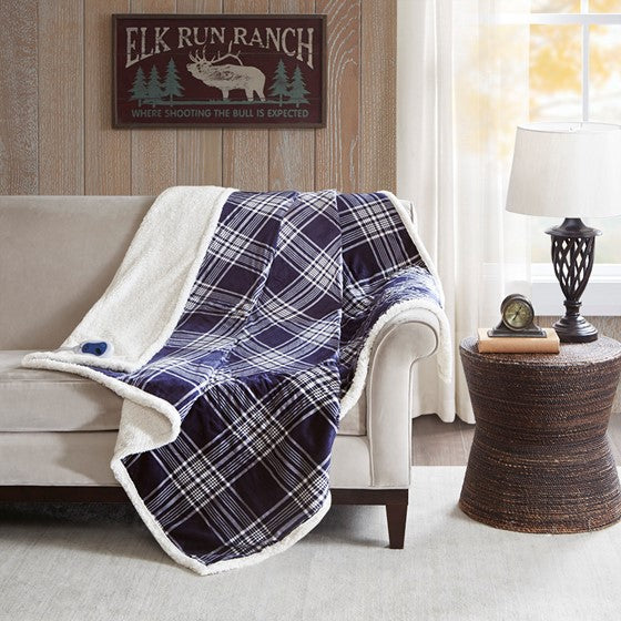 Olliix.com Heated Blankets - Oversized Plaid Print Faux Mink to Berber Heated Throw Navy