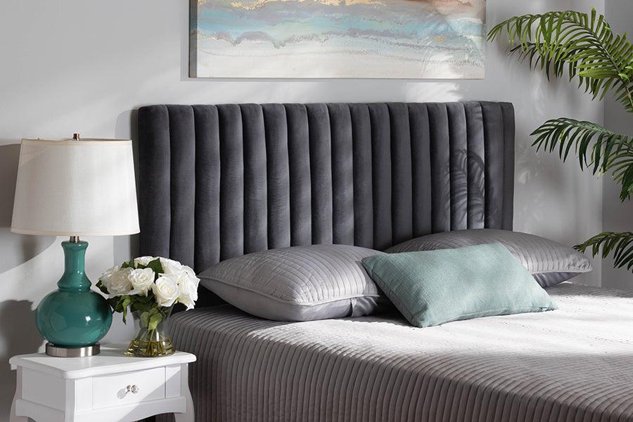 Wholesale Interiors Headboards - Emile Grey Velvet Fabric Upholstered and Dark Brown Finished Wood Full Size Headboard