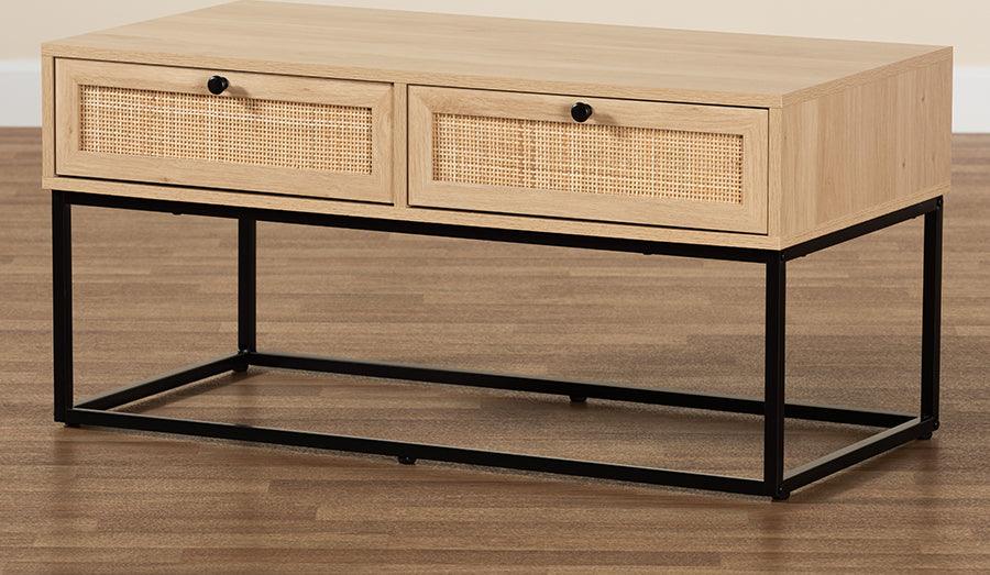 Wholesale Interiors Coffee Tables - Amelia Mid-Century Natural Brown Finished Wood and Natural Rattan 2-Drawer Coffee Table