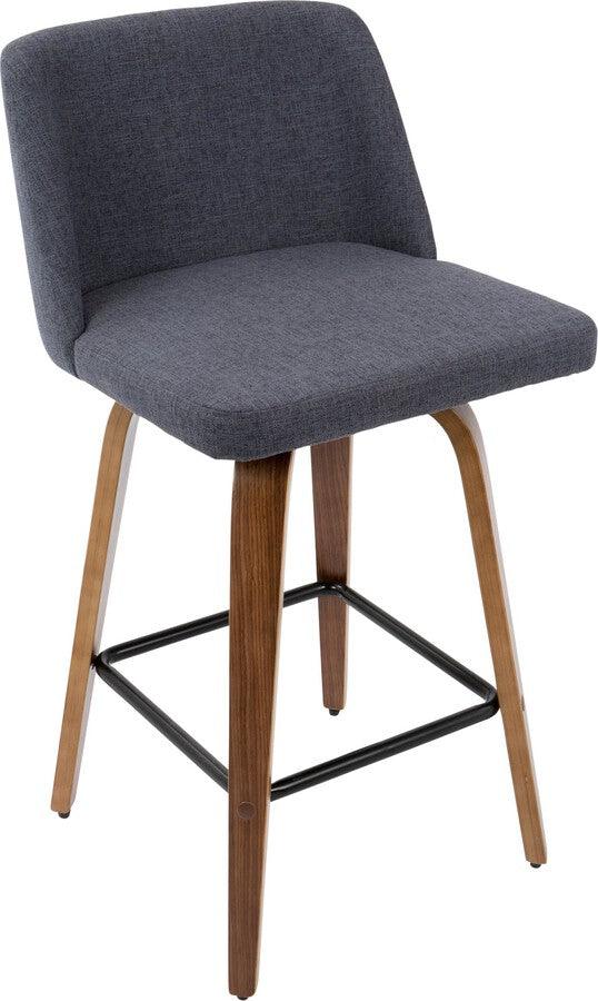 Lumisource Barstools - Toriano Mid-Century Modern Counter Stool Walnut and Blue Fabric - Set of 2