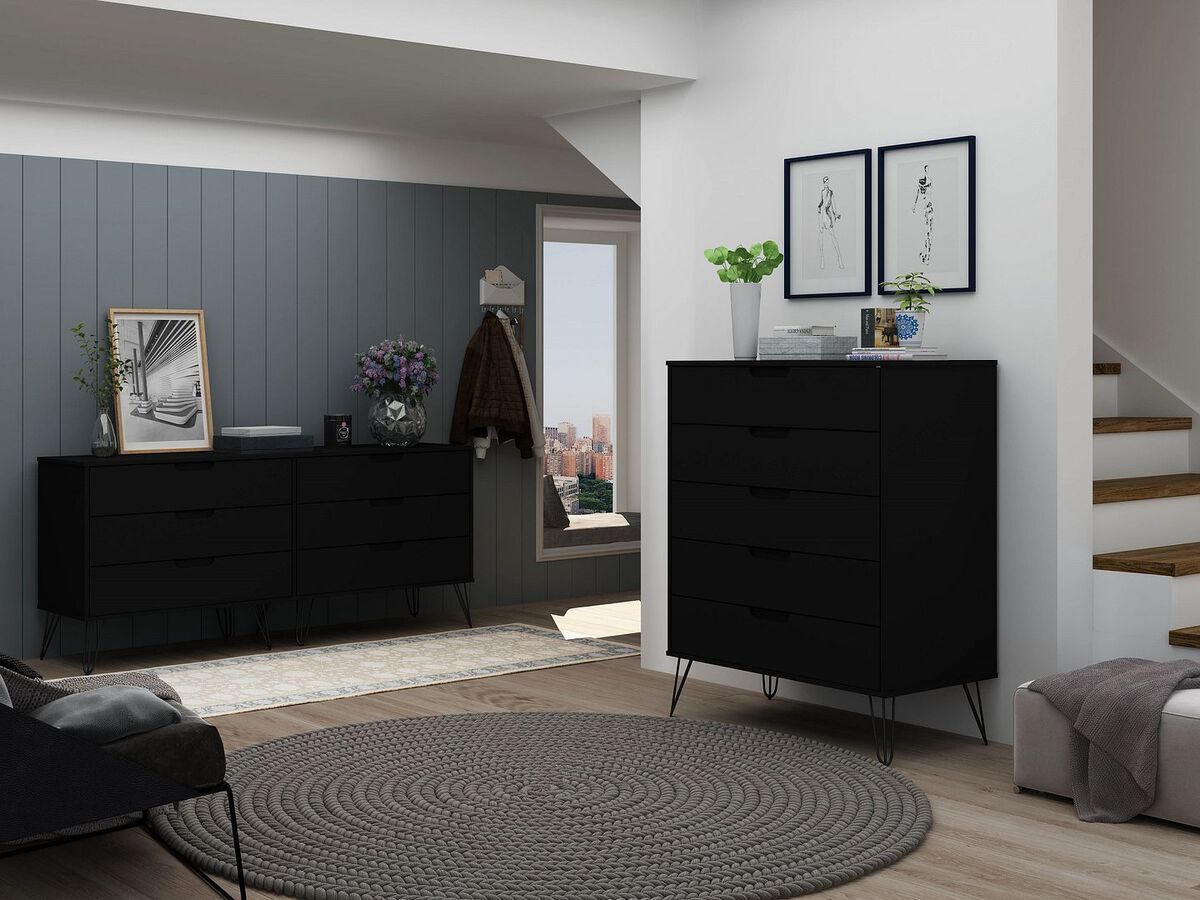 Manhattan Comfort Bedroom Sets - Rockefeller 5-Drawer & 6-Drawer Black Dresser Set