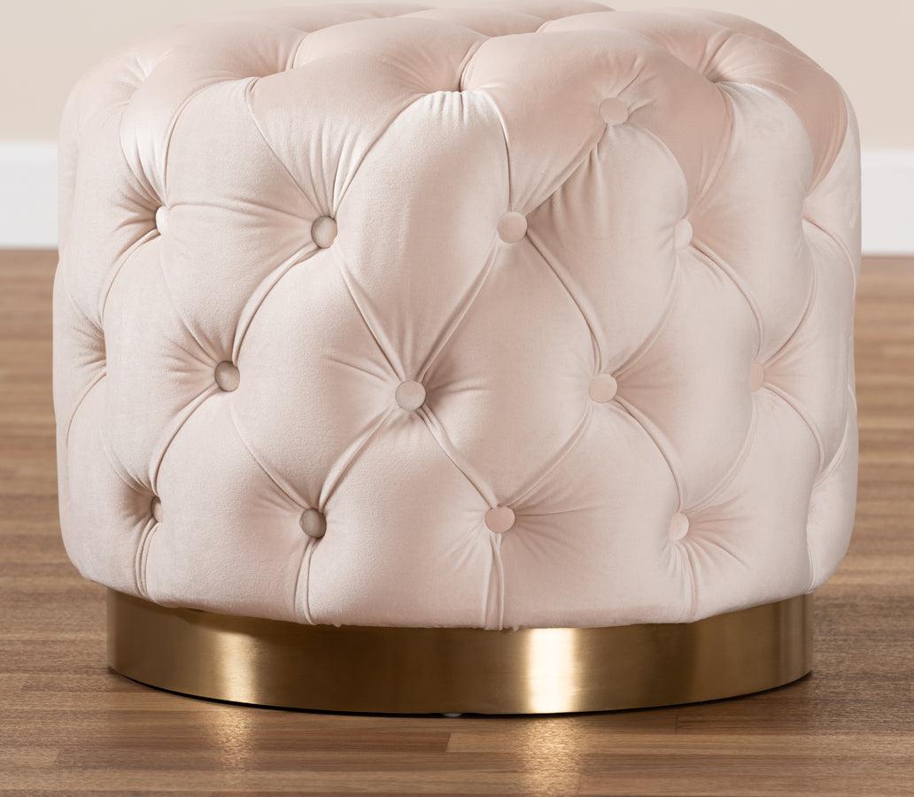 Wholesale Interiors Ottomans & Stools - Valeria Glam Light Beige Velvet Gold-Finished Button Tufted Ottoman