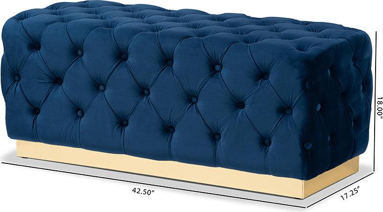 Wholesale Interiors Ottomans & Stools - Corrine Glam and Luxe Navy Blue Velvet Fabric Upholstered and Gold PU Leather Ottoman