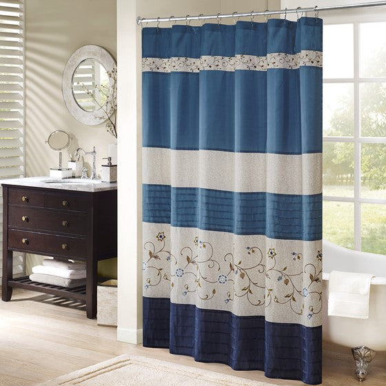 Olliix.com Shower Curtains - Faux Silk Embroidered Floral Shower Curtain Navy