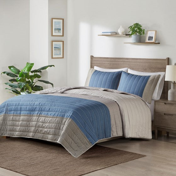 Olliix.com Coverlet - 3 Piece Printed Color Blocking Microfiber Quilt Set Taupe/Blue Cal King