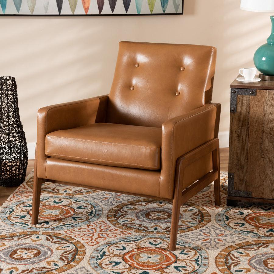 Wholesale Interiors Accent Chairs - Perris Mid-Century Modern Tan Faux Leather Upholstered and Walnut Brown Finished Wood