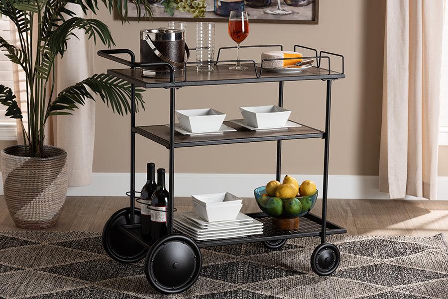 Wholesale Interiors Bar Units & Wine Cabinets - Huntley Modern Industrial Walnut Brown Finished Wood and Black Metal Mobile Wine Cart