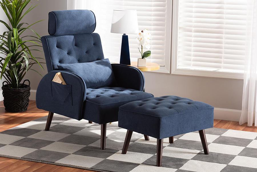 Wholesale Interiors Living Room Sets - Haldis Navy Blue velvet and Walnut Brown Finished Wood 2-Piece Recliner Chair and Ottoman Set
