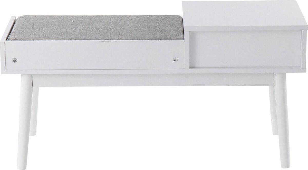 Lumisource Benches - Telephone Contemporary Bench in White Wood and Grey Fabric with Pull-Out Drawer