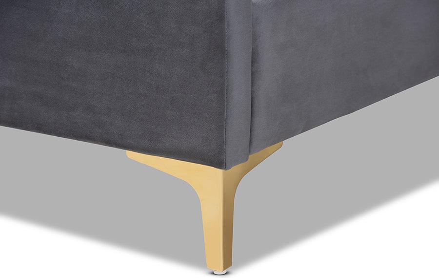 Wholesale Interiors Beds - Serrano Glam and Luxe Grey Velvet Fabric Upholstered and Gold Metal Full Size Platform Bed