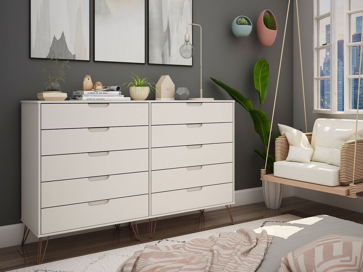 Manhattan Comfort Dressers - Rockefeller 10-Drawer Double Tall Dresser with Metal Legs in Off White