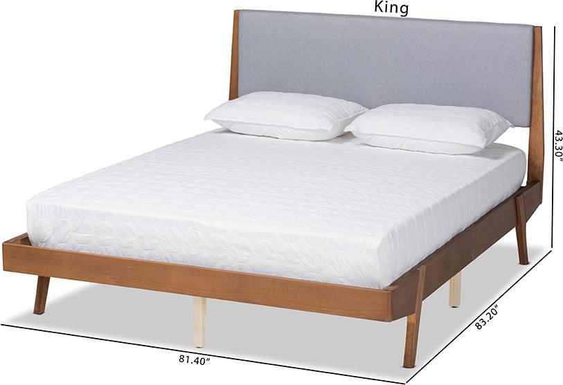 Wholesale Interiors Beds - Senna Mid-Century Modern Grey Fabric and Walnut Brown Wood King Size Platform Bed