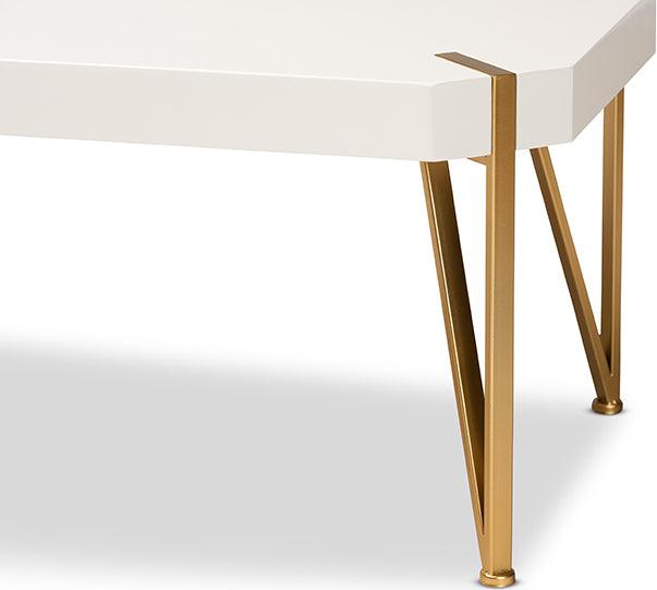 Wholesale Interiors Coffee Tables - Kassa Contemporary Brushed Gold Metal and White Finished Wood Coffee Table