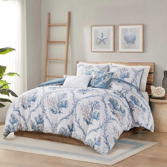 Olliix.com Duvet & Duvet Sets - 5 Piece Cotton Duvet Cover Set with Throw Pillows Blue/White Full/Queen