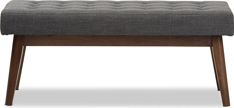 Wholesale Interiors Benches - Elia Mid-Century Modern Walnut Wood Dark Grey Fabric Button-Tufted Bench