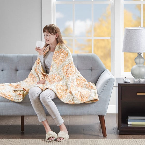 Olliix.com Heated Blankets - Heated Print Plush Throw Orange
