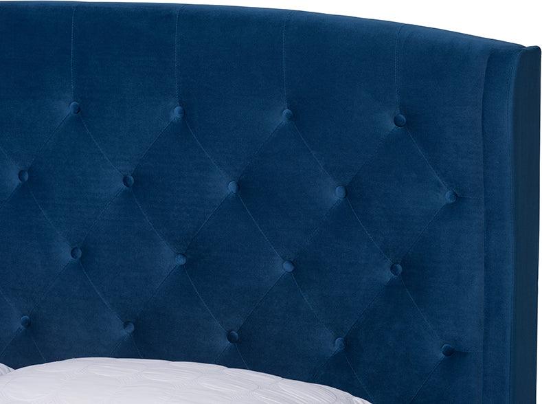 Wholesale Interiors Beds - Joanna Navy Blue Velvet Fabric Upholstered and Dark Brown Finished Wood King Size Platform Bed