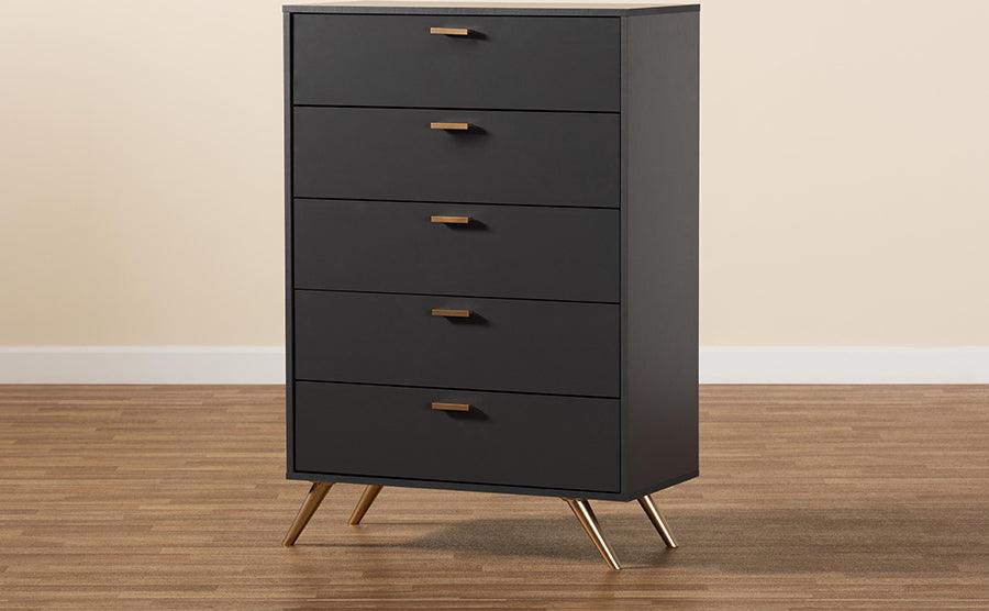 Wholesale Interiors Chest of Drawers - Kelson Dark Grey and Gold Finished Wood 5-Drawer Chest