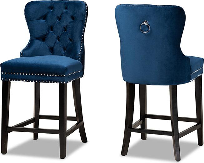 Wholesale Interiors Barstools - Howell Navy Blue Velvet Upholstered and Dark Brown Finished Wood 2-Piece Counter Stool Set