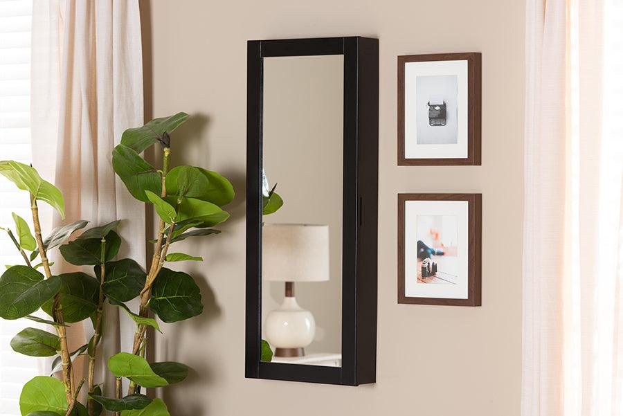 Wholesale Interiors Cabinets & Wardrobes - Pontus Modern and Contemporary Black Wood Wall-Mountable Jewelry Armoire with Mirror