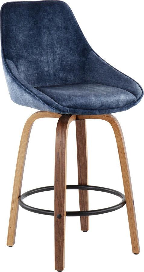 Lumisource Barstools - Diana Contemporary Counter Stool in Walnut Wood & Blue Velvet with Black Round Footrest - Set of 2