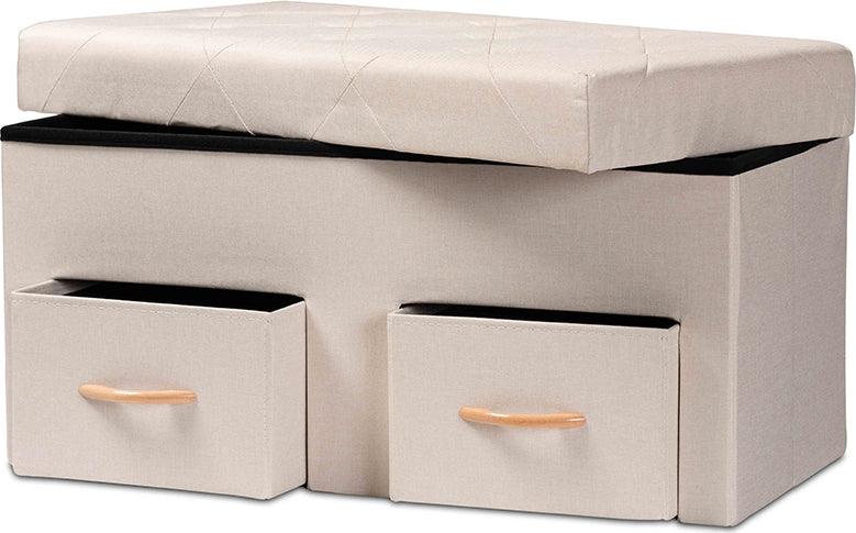 Wholesale Interiors Ottomans & Stools - Gerwin Modern Beige Fabric and Brown Wood 2-Drawer Storage Ottoman