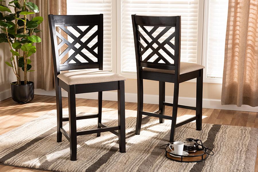 Wholesale Interiors Barstools - Caron Sand Fabric Upholstered Espresso Brown Finished Wood Counter Height 2-Piece Pub Chair Set