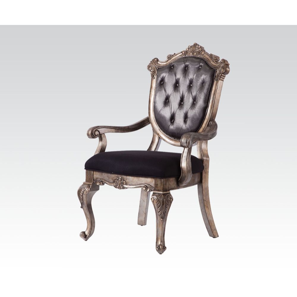 ACME Dining Chairs - ACME Chantelle Arm Chair, Silver Gray Silk-Like Fabric & Antique Platinum