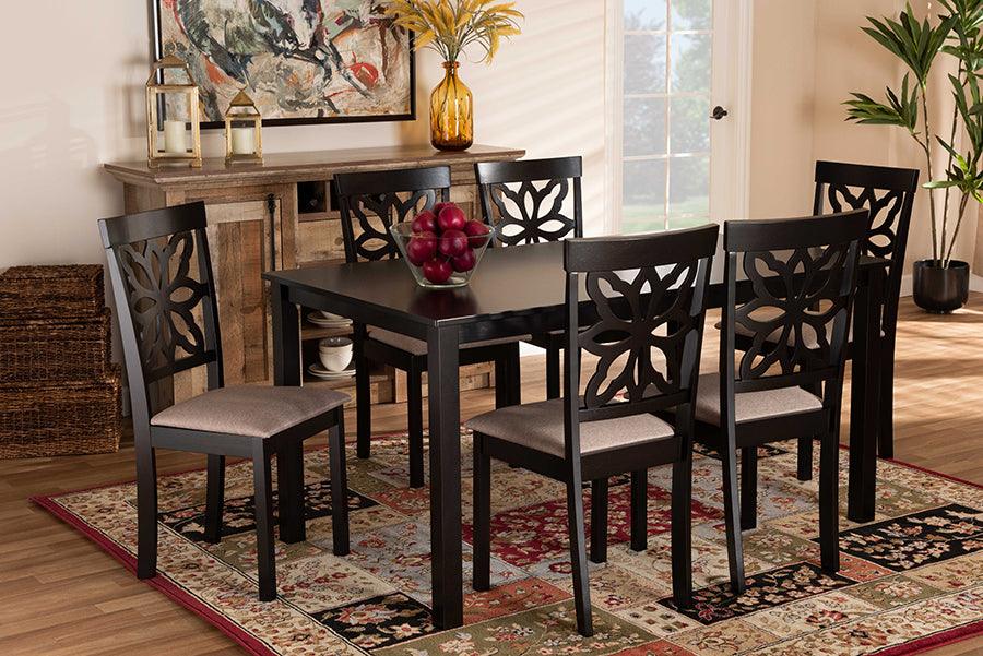 Wholesale Interiors Dining Sets - Dallas Sand Fabric Upholstered and Dark Brown Finished Wood 7-Piece Dining Set