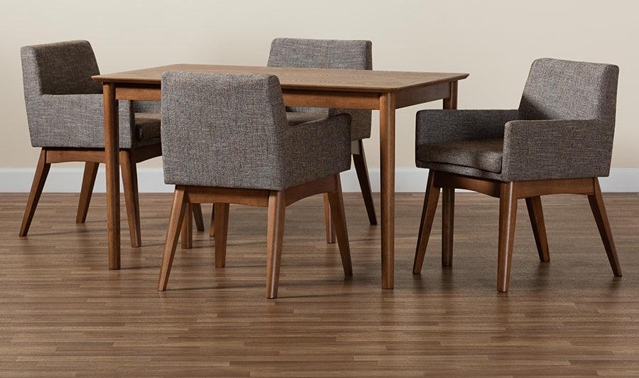 Wholesale Interiors Dining Sets - Dorina Mid-Century Modern Gravel Fabric and Walnut Brown Wood 5-Piece Dining Set