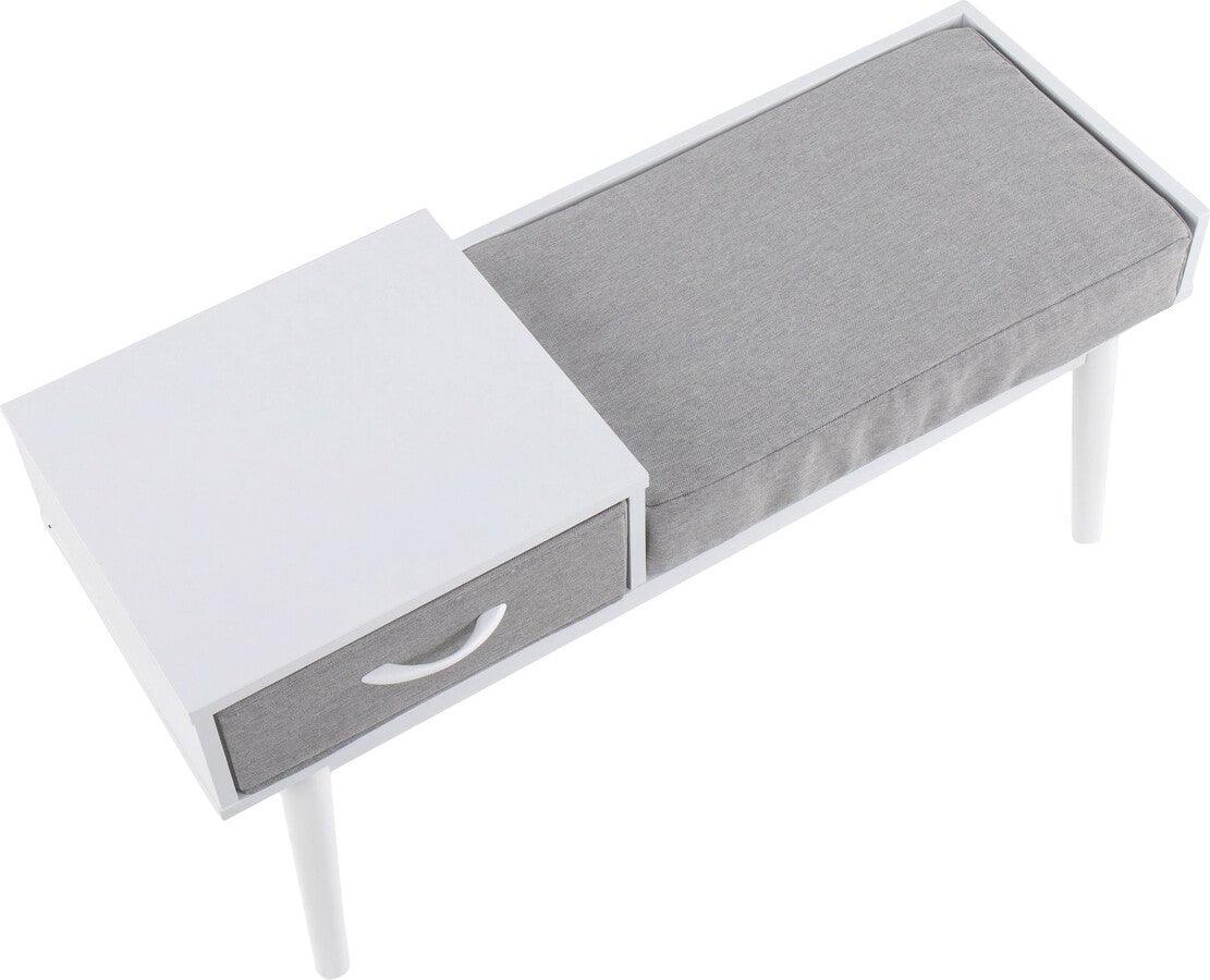 Lumisource Benches - Telephone Contemporary Bench in White Wood and Grey Fabric with Pull-Out Drawer