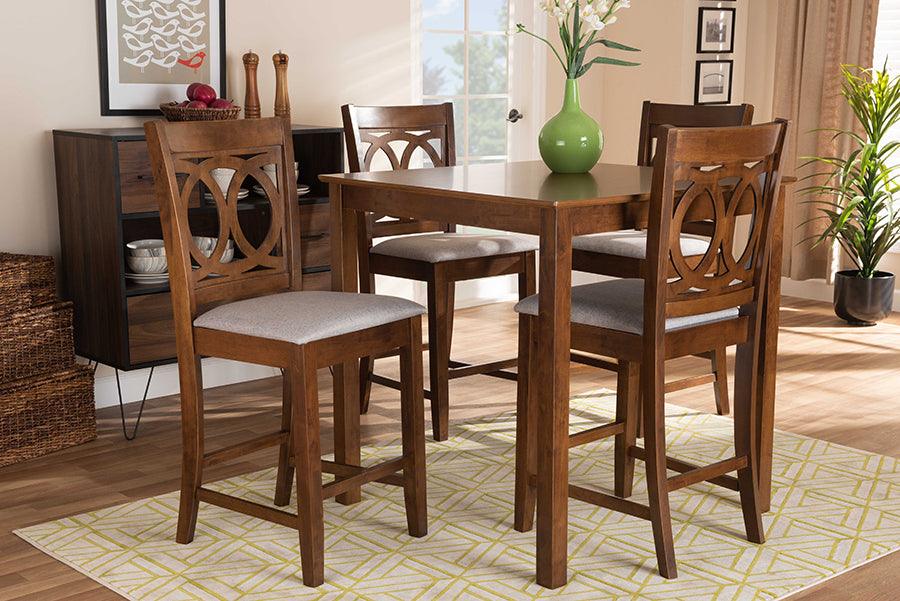 Wholesale Interiors Dining Sets - Lenoir Grey Fabric Upholstered Walnut Brown Finished 5-Piece Wood Pub Set