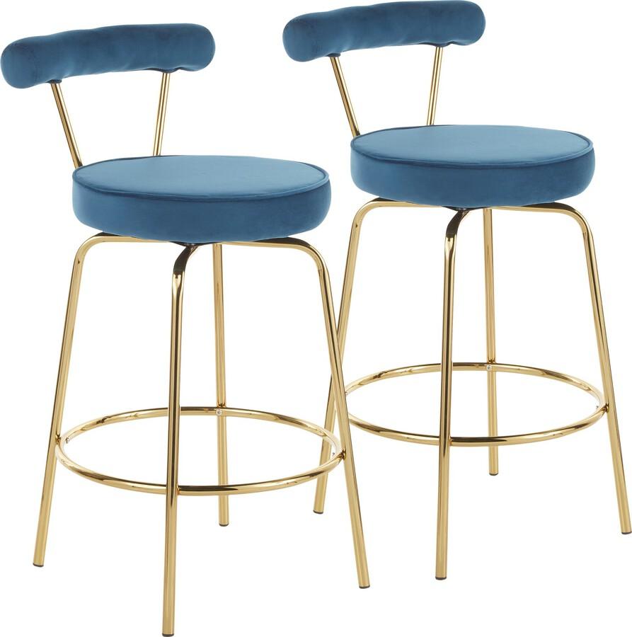 Lumisource Barstools - Rhonda Glam Counter Stool in Gold Metal and Blue Velvet - Set of 2