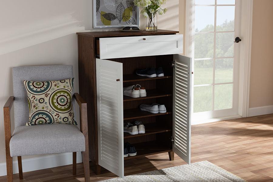 Wholesale Interiors Shoe Storage - Coolidge Contemporary White and Walnut 5-Shelf Wood Shoe Storage Cabinet with Drawer