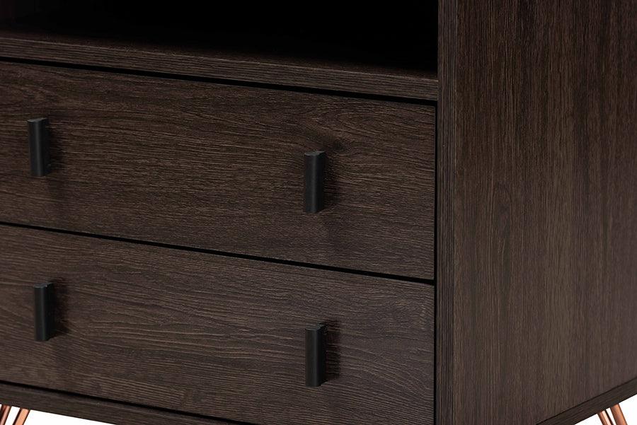 Wholesale Interiors Nightstands & Side Tables - Glover Dark Brown Finished Wood and Rose Gold-Tone Finished Metal 2-Drawer Nightstand