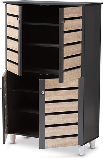 Wholesale Interiors Shoe Storage - Gisela Modern and Contemporary Two-Tone Oak and Dark Gray 4-Door Shoe Storage Cabinet