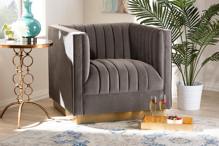 Wholesale Interiors Accent Chairs - Aveline Glam and Luxe Grey Velvet Fabric Upholstered Brushed Gold Finished Armchair