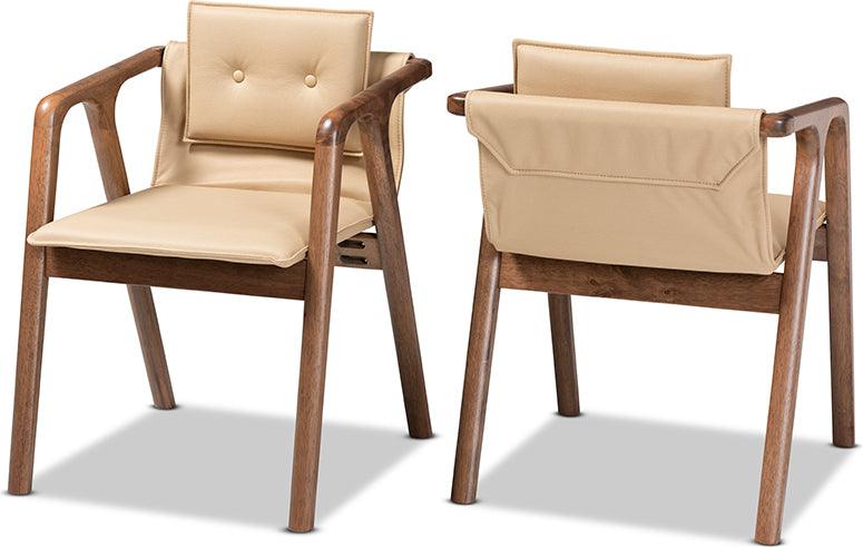 Wholesale Interiors Dining Chairs - Marcena Mid-Century Modern Beige Leather and Brown Wood 2-Piece Dining Chair Set