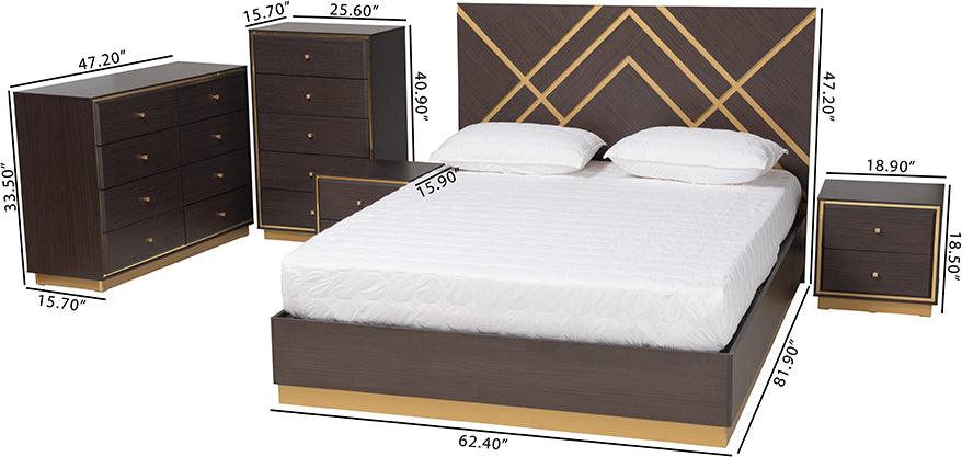 Wholesale Interiors Bedroom Sets - Arcelia Two-Tone Dark Brown and Gold Finished Wood Queen Size 5-Piece Bedroom Set