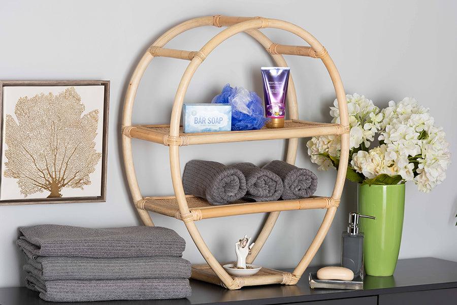 Wholesale Interiors Bookcases & Display Units - Ruana Modern Bohemian Natural Brown Finished Rattan 3-Tier Display Shelf