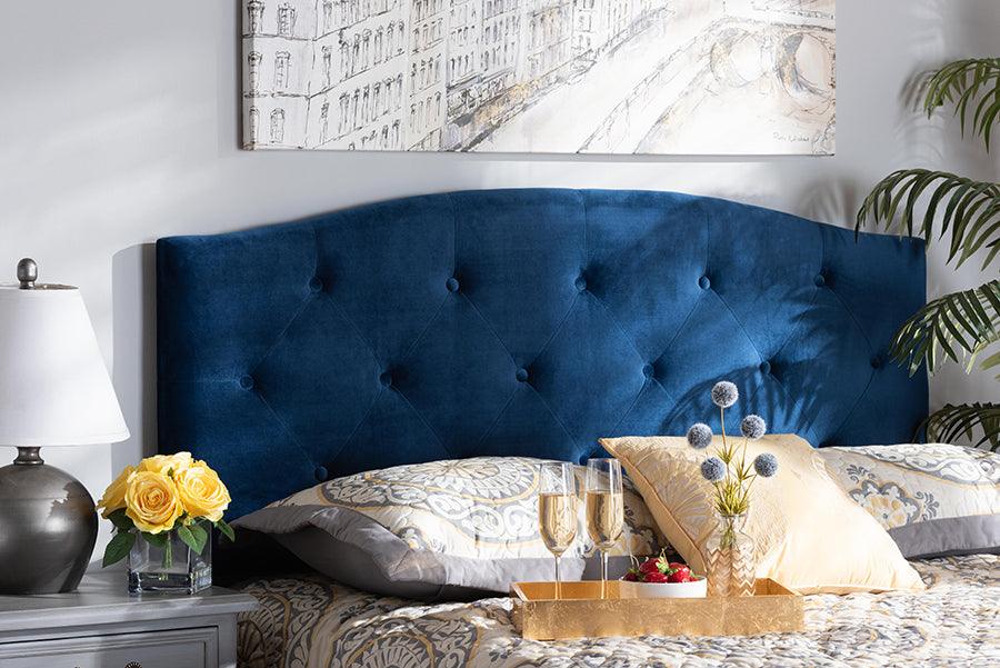 Wholesale Interiors Headboards - Leone Navy Blue Velvet Fabric Upholstered King Size Headboard