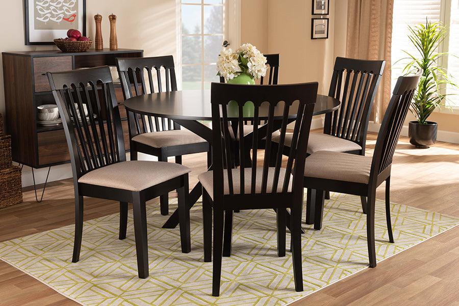 Wholesale Interiors Dining Sets - Lore Sand Fabric Upholstered and Dark Brown Finished Wood 7-Piece Dining Set