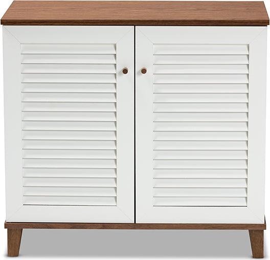 Wholesale Interiors Shoe Storage - Coolidge Contemporary White and Walnut Finished 4-Shelf Wood Shoe Storage Cabinet