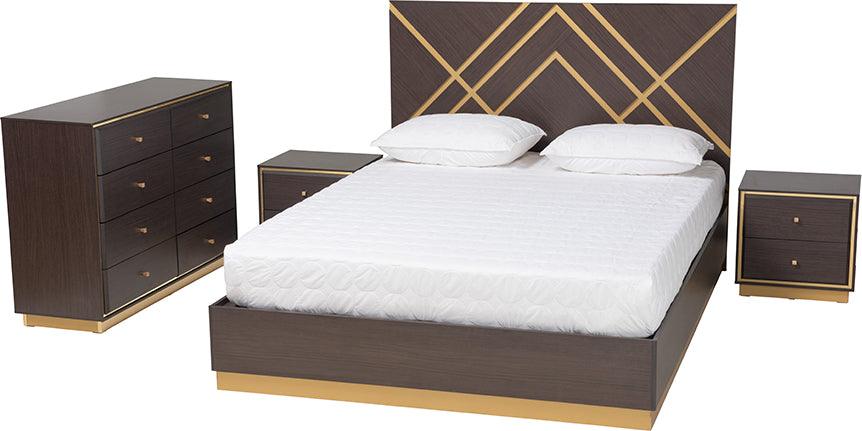 Wholesale Interiors Bedroom Sets - Arcelia Two-Tone Dark Brown and Gold Finished Wood Queen Size 4-Piece Bedroom Set