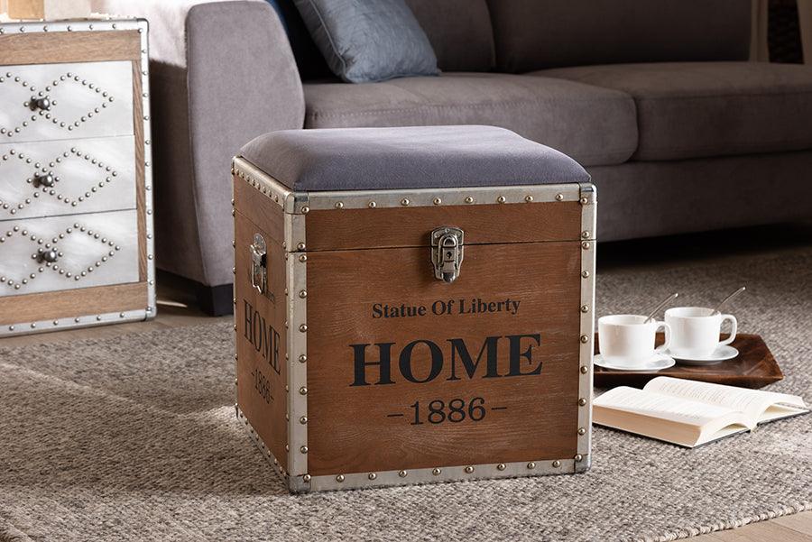 Wholesale Interiors Storage & Boxes - Violetta Vintage Industrial Light Gray Fabric Upholstered Wood Storage Trunk Ottoman