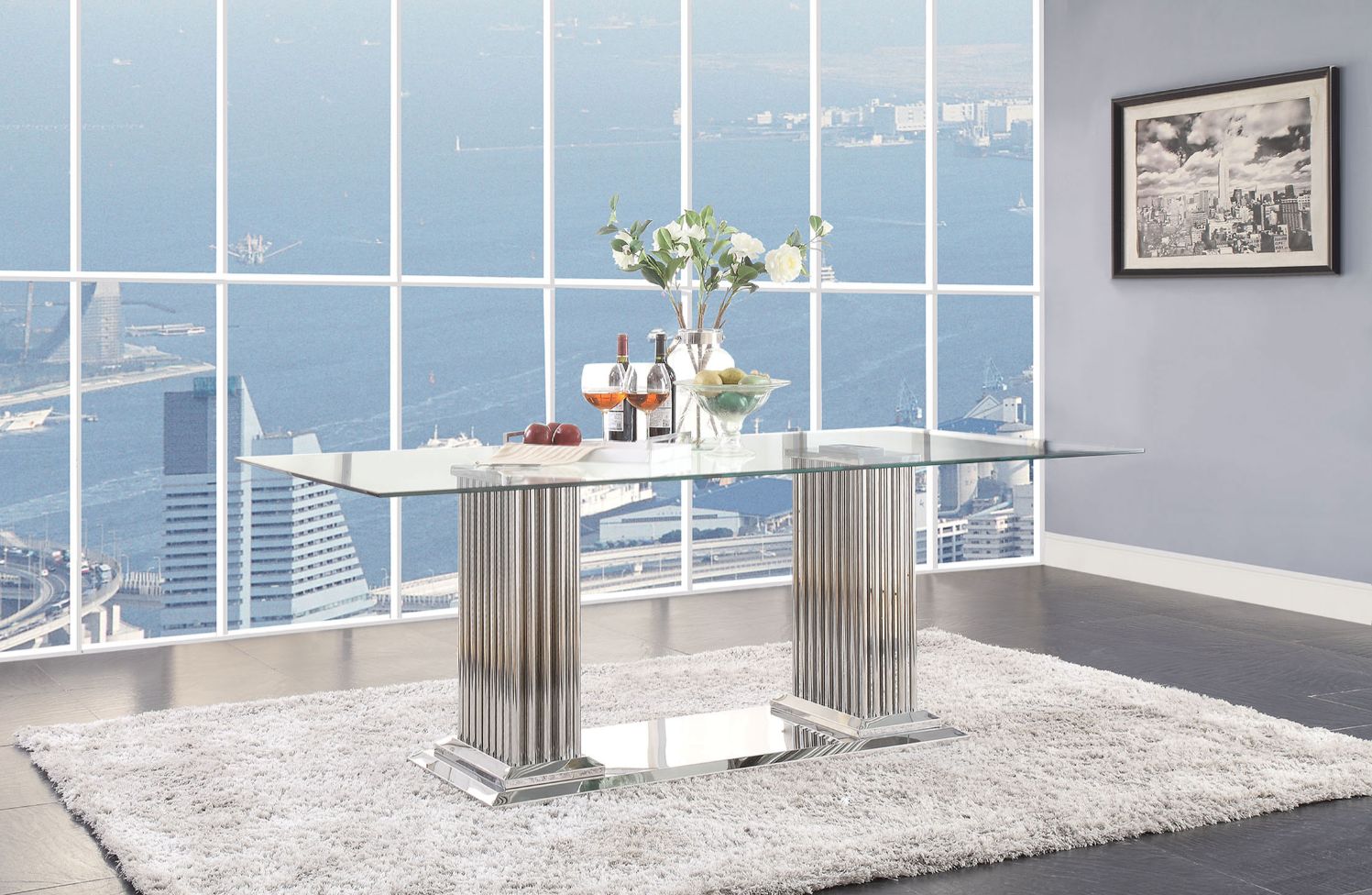 ACME Furniture Dining Chairs - Cyrene Dining Table w/Double Pedestal, Stainless Steel & Clear Glass (1Set/3Ctn)