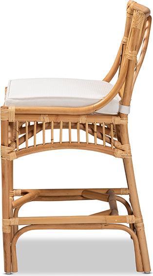 Wholesale Interiors Barstools - Rose Modern Bohemian White Fabric Upholstered and Natural Brown Rattan Counter Stool